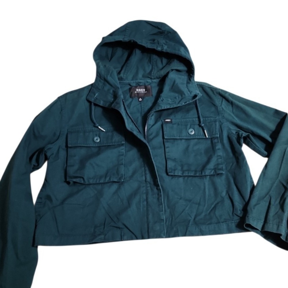 Obey Field Jacket Womens XS Forest Green Cropped Utility Streetwear Skater trend - Picture 2 of 10